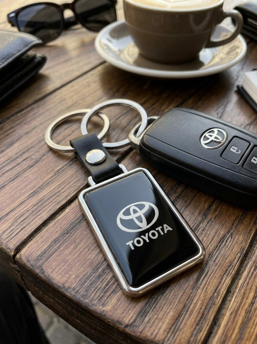 ميدالية مفاتيح Toyota على طاولة خشبية