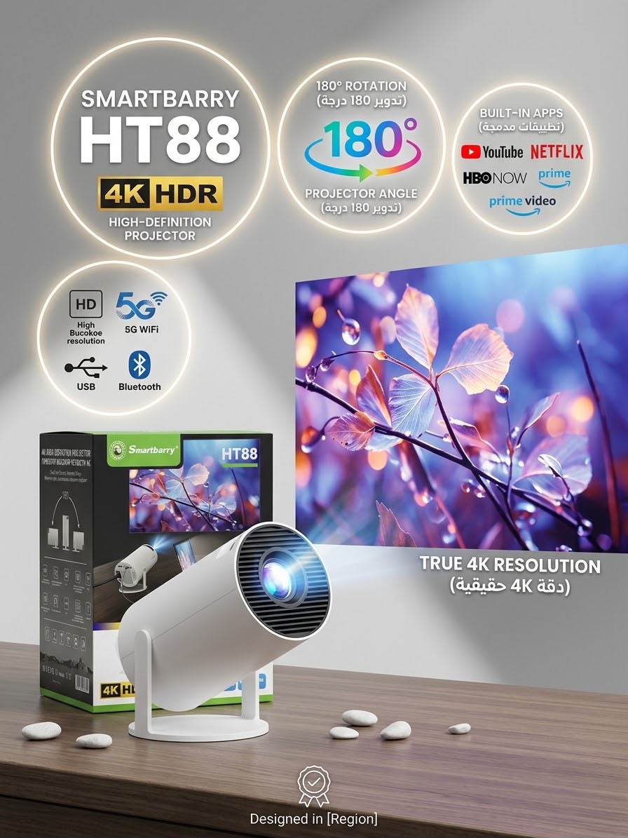 بروجكتور Smartbarry HT88 - دقة 4K HDR وواي فاي 5G