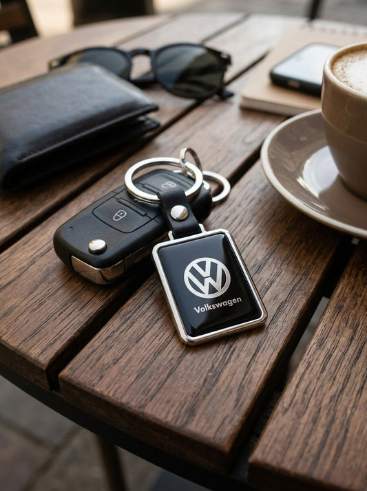 ميدالية مفاتيح Volkswagen على طاولة خشبية
