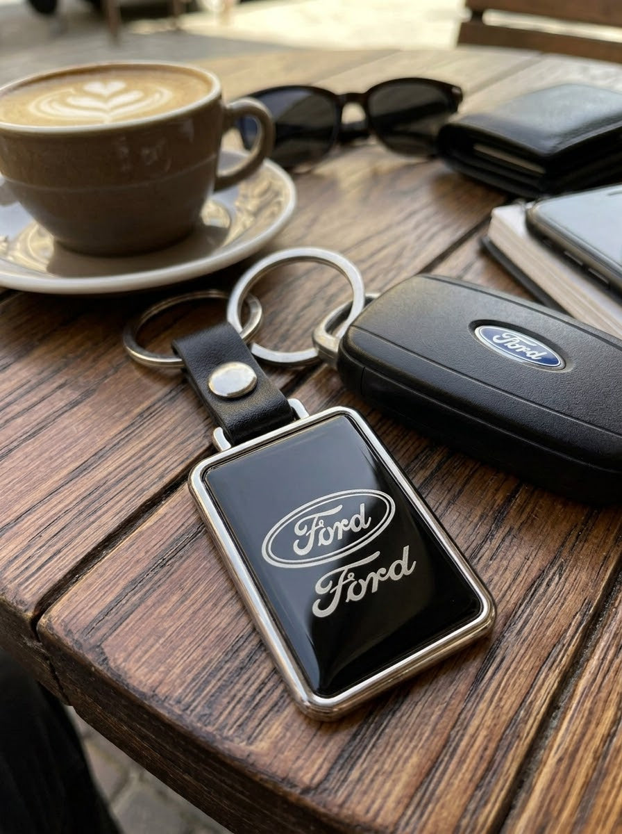 ميدالية مفاتيح Ford على طاولة خشبية